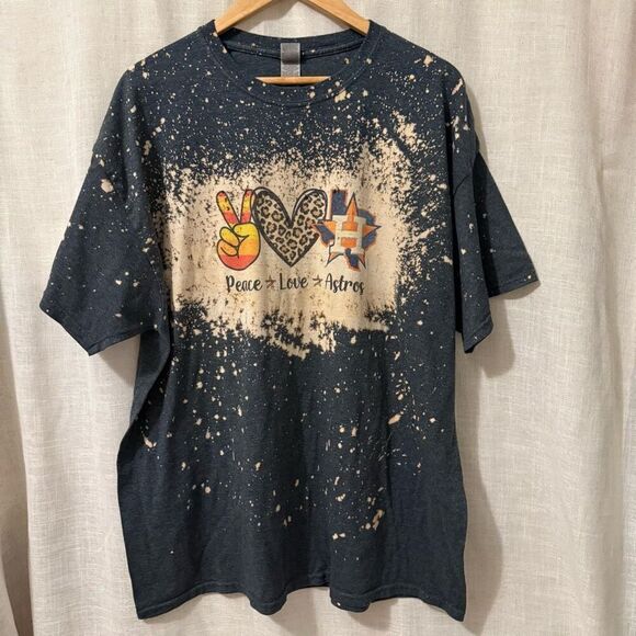 Peace Love Astros Tee | 2XL | Bleach Dyed Retro Leopard Baseball Shirt - Picture 1 of 16